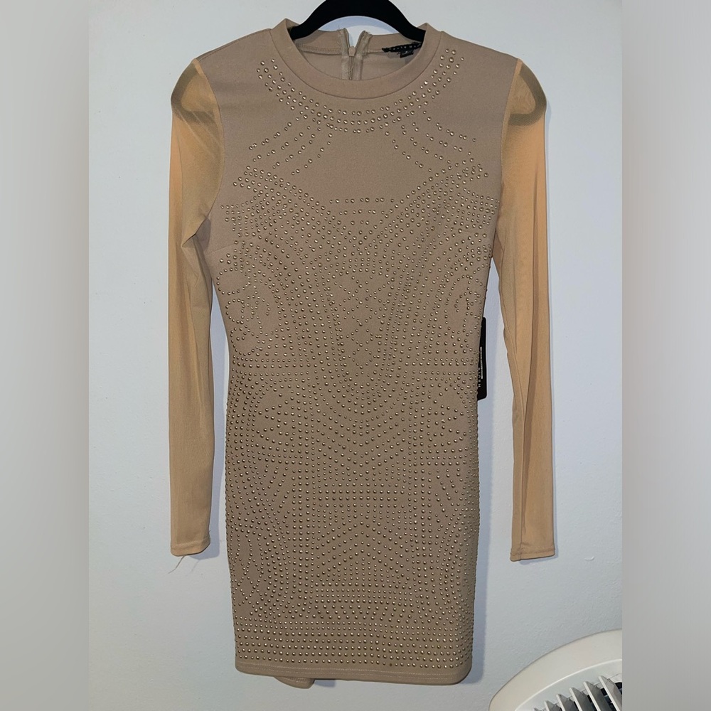 Haute Monde Beige Long Sleeve Short Dress